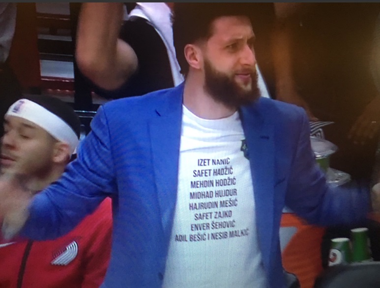 Close Up Photo Of The Names Of Bosnian War Heroes On Jusuf Nurkic's Shirt