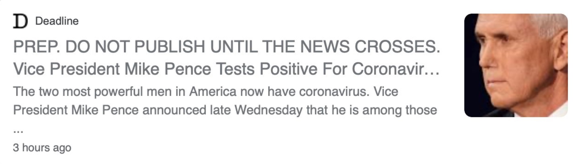 PHOTO Article Published Thursday Evening Says Mike Pence Has Coronavirus