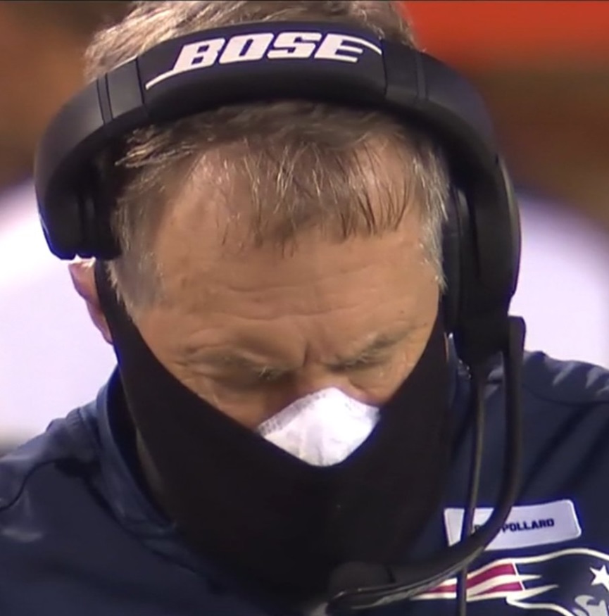 PHOTO Bill Belichick Using Mask To Hold His Face Mask In Place