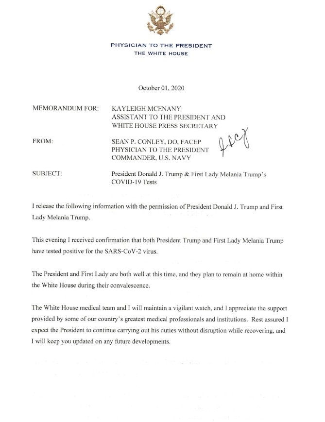 PHOTO Official Notification From Donald Trump's Physician On His Positive Test For Coronavirus