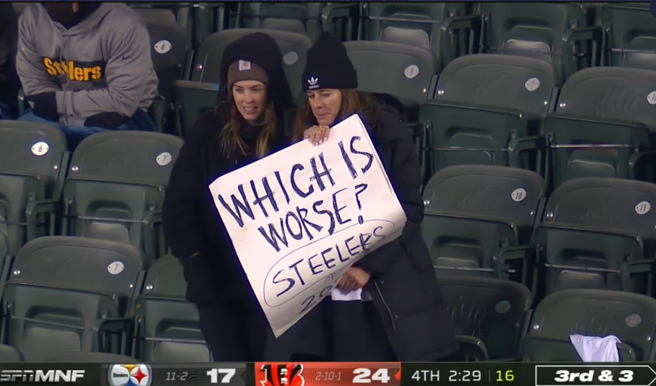 PHOTO Bengals Fans Holding Sign That What Is Worse Steelers Or 2020?