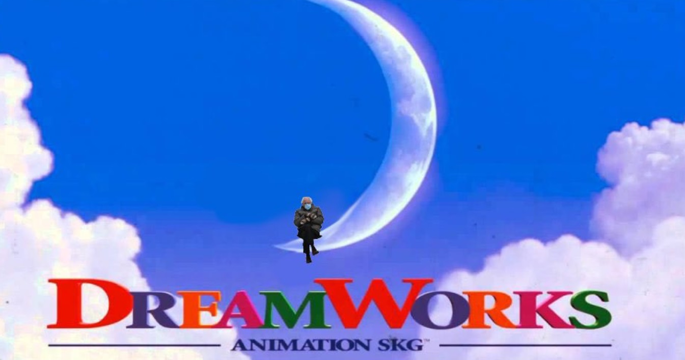 PHOTO Bernie Sanders Sitting On The Moon Above The Dreamworks Logo