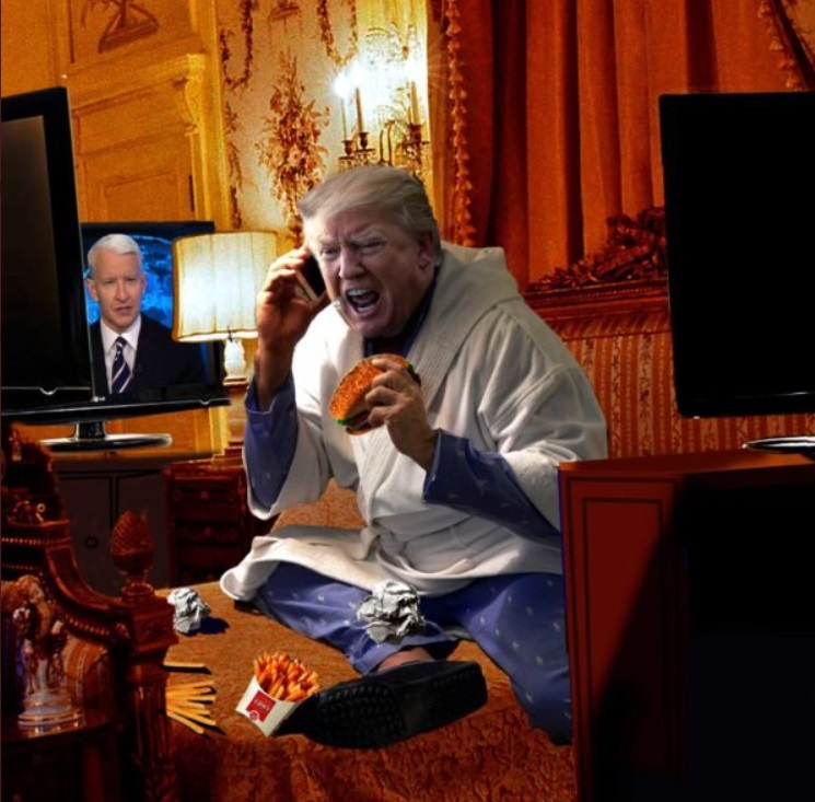 PHOTO Donald Trump Eating Fast Food In A Robe When He Realizes His Twitter Account Was Suspended