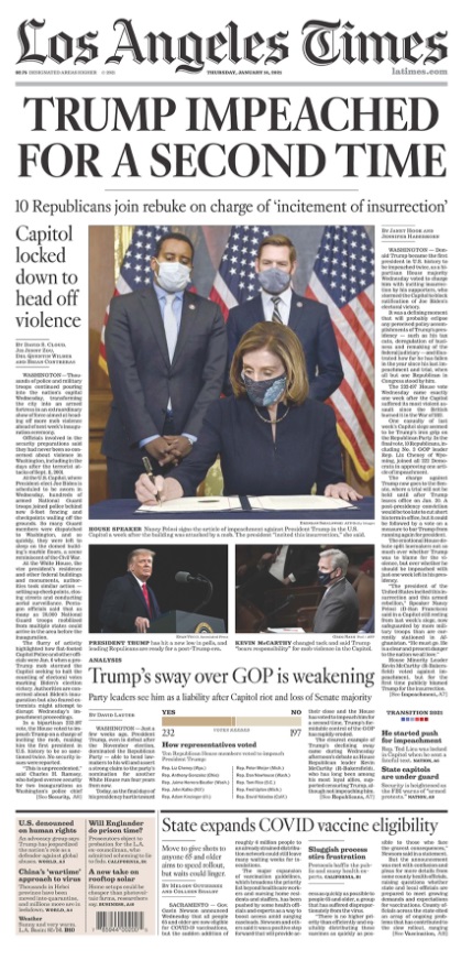 PHOTO Front Page Of Los Angeles Times Headline Is Donald Trump Being Impeached For Second Time