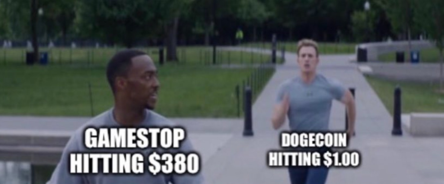 PHOTO Gamestop Hitting $380 Vs Dogecoin Hitting $1 Meme