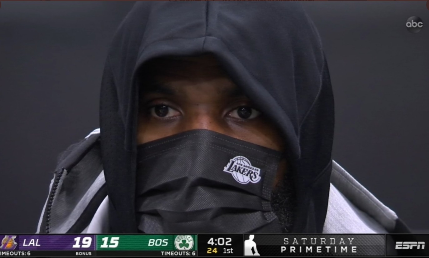 PHOTO Lebron Looking Like Mortal Kombat Character With His Facemask And Hood Up During Lakers Celtics Game