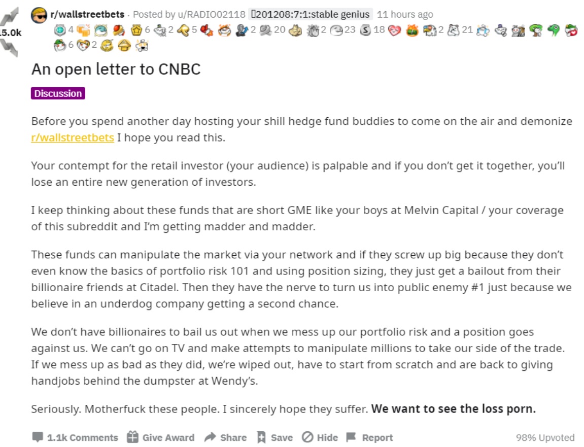 PHOTO Wall Street Bets Open Letter To CNBC