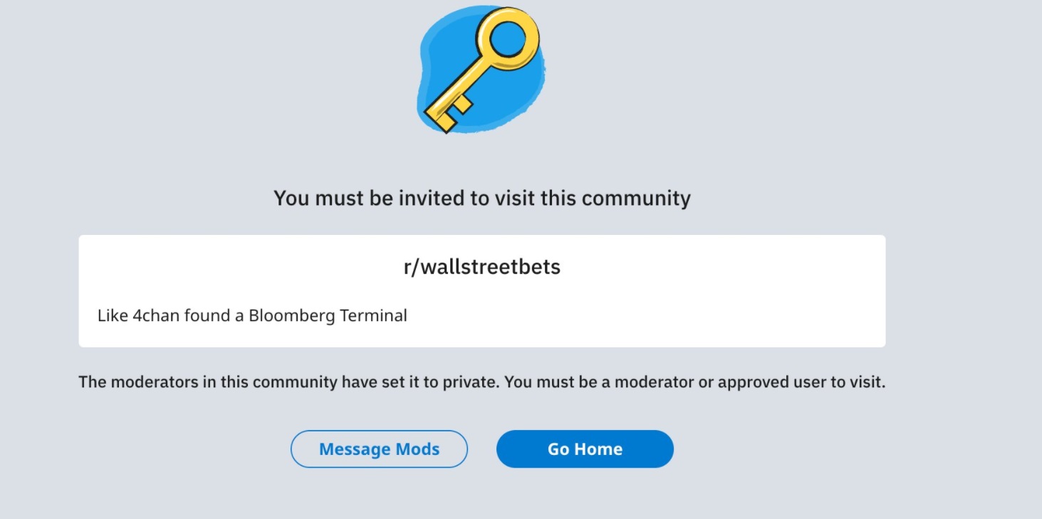 PHOTO Wall Street Bets Reddit Page Turned To Private Invite Only