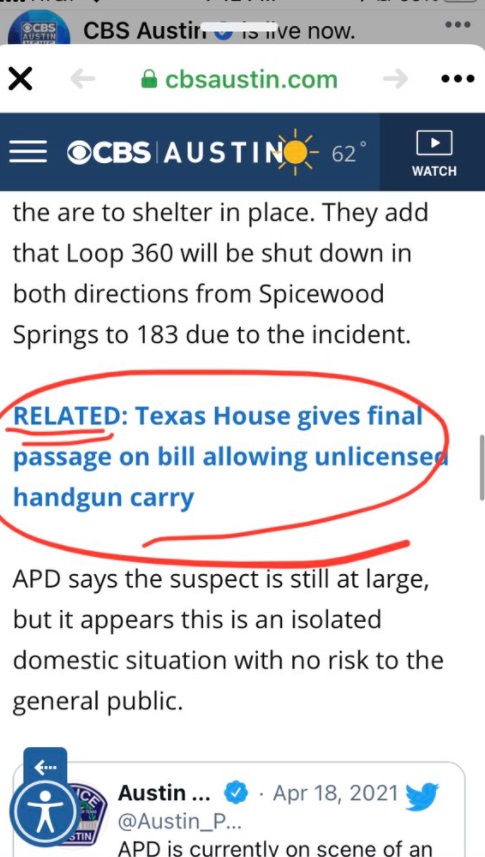 PHOTO CBS Austin Article Gives Related Article Link In The Middle Of An Article About A Mass Shooting