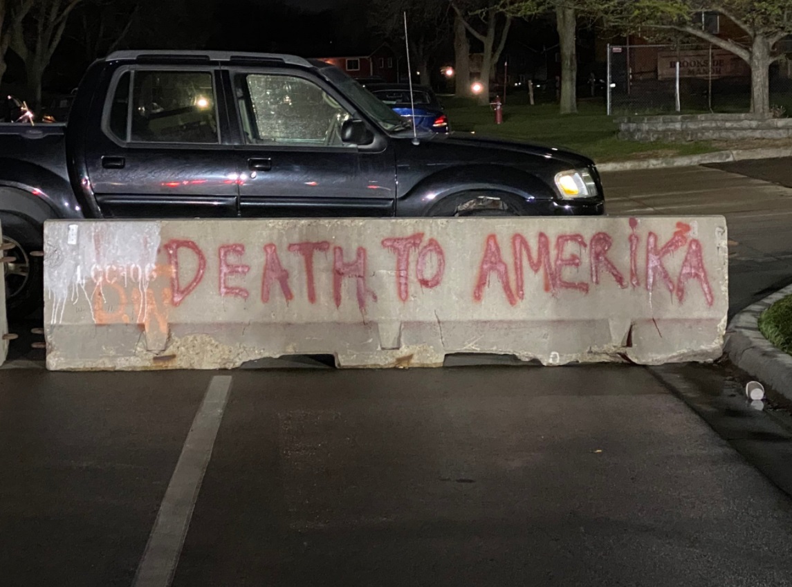 PHOTO Concrete Traffic Blocker Tagged With Death To America In Red In Brooklyn Center Minnesota