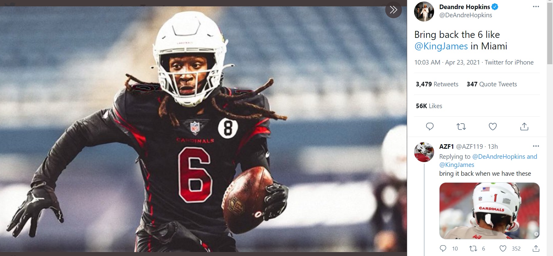 PHOTO Deandre Hopkins Thinks He's Lebron James By Wearing #6 Jersey