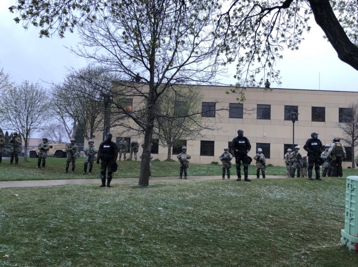 PHOTO National Guard Protecting Building In Brooklyn Center New York By Building A Line Around It