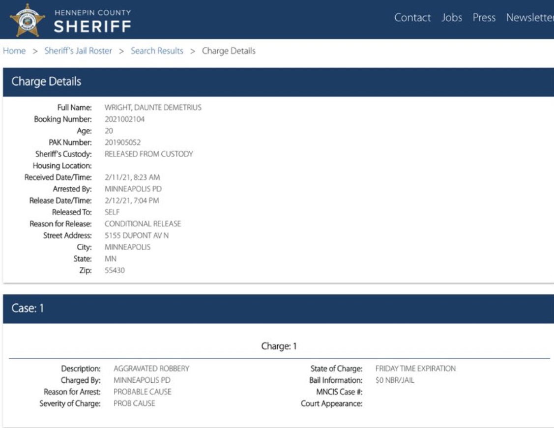 PHOTO Of Daunte Wright's Arrest From Februrary Where He Was Released On No Cash Bond For Felony Armed Robbery