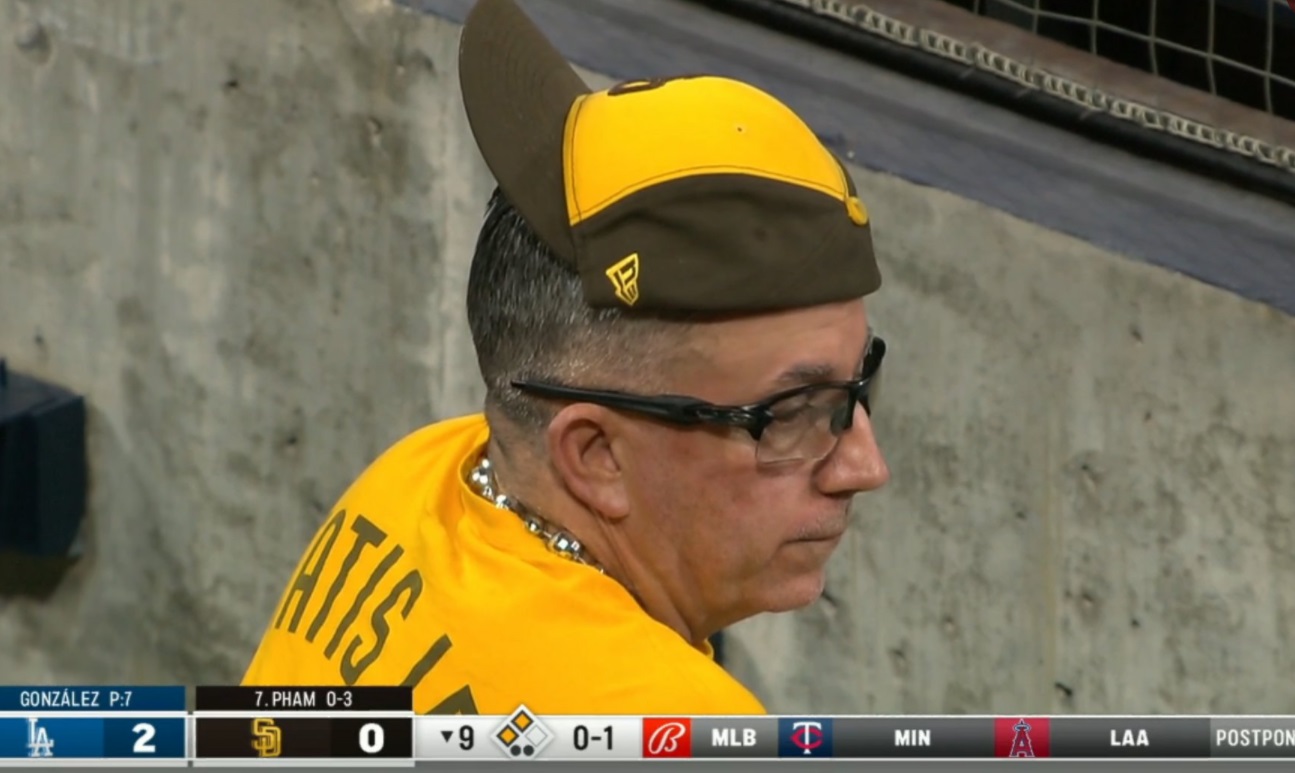 PHOTO San Diego Padres Fan Resting Hat On His Head Backwards Like It's Displayed On A Shelf In The Store