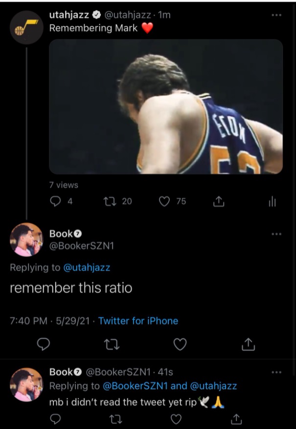 PHOTO Devin Booker Stan Account Comments On Mark Eaton's Death By Saying Rember This Ratio Then Admits He Didn't Read Tweet Utah Jazz Organization Posted