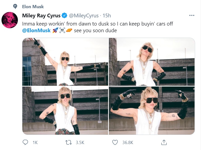 PHOTO Miley Cyrus Says She Only Works To Buy Cars Off Of Elon Musk