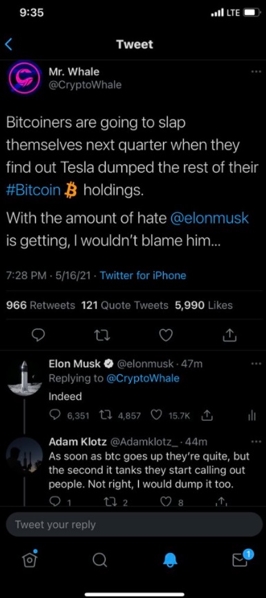 PHOTO Of Deleted Tweet From CryptoWhale Saying Tesla Dumped All Their Bitcoin Holdings When They Did Not