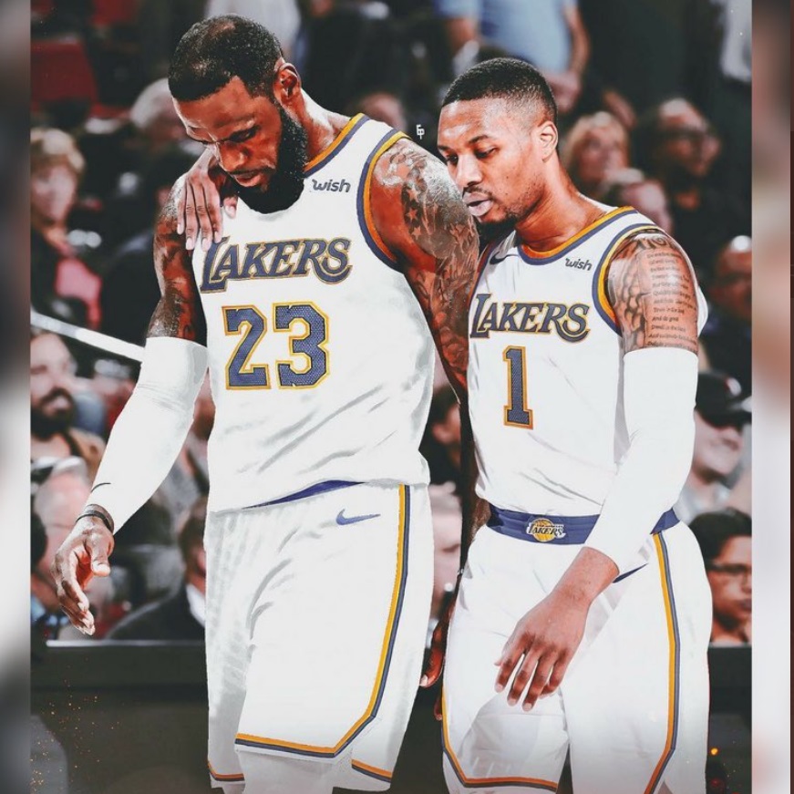 PHOTO Damian Lillard With His Arm Around Lebron James And In A Lakers Jersey