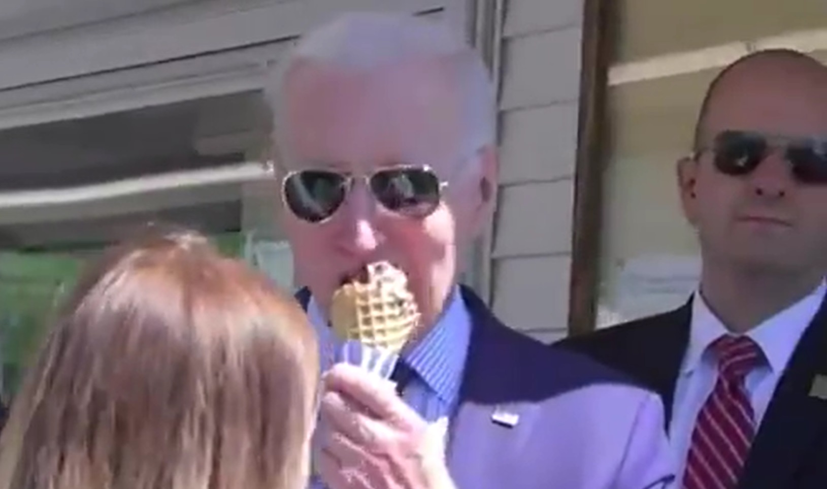 PHOTO Joe Biden Eating Chocolate Chocolate Chip Ice Cream Cone In Front Of Media After He Ordered It On Stop