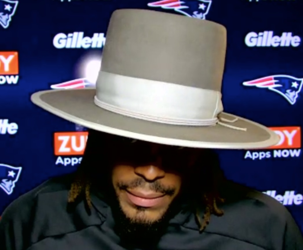 PHOTO Cam Newton Wearing Hat So Big During Patriots Media Availability He Looks Like Colonel Sanders