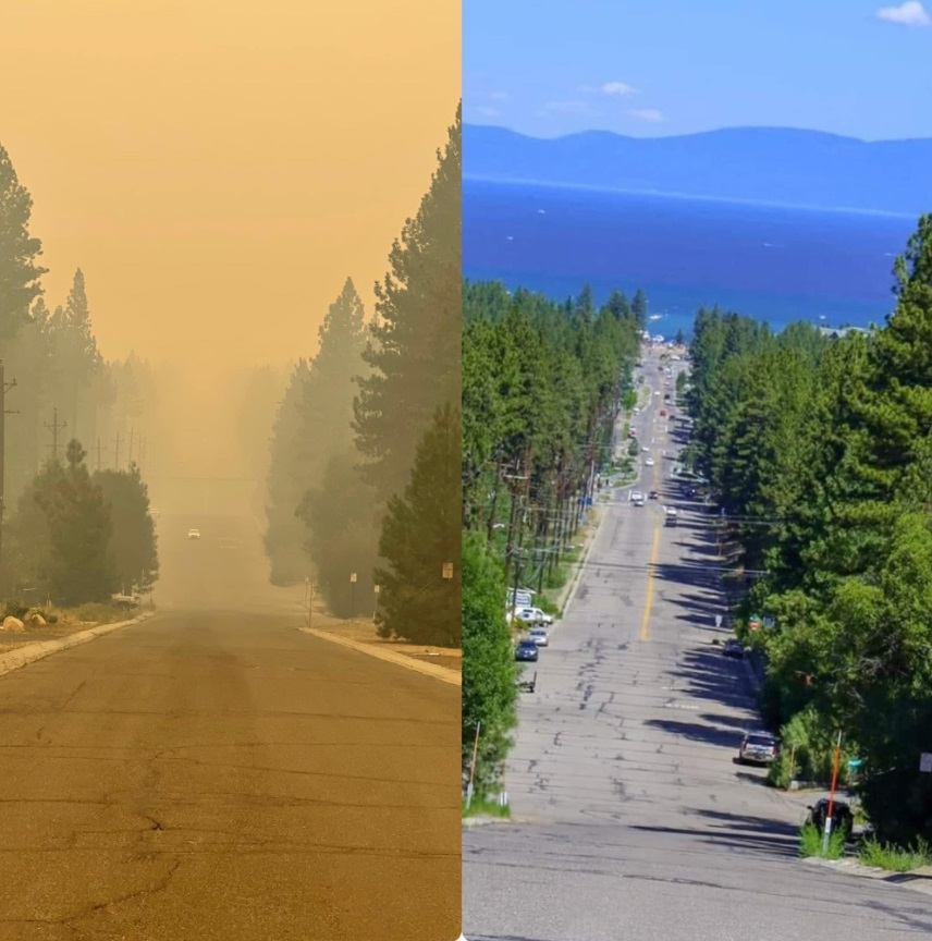 PHOTO Comparison Showing Same Area Of Lake Tahoe With And Without Caldor Fire Smoke