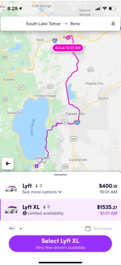 PHOTO Lyft Is Price Gouging And Charging Minimum $400 For A Ride To Evacuate Out Of Lake Tahoe