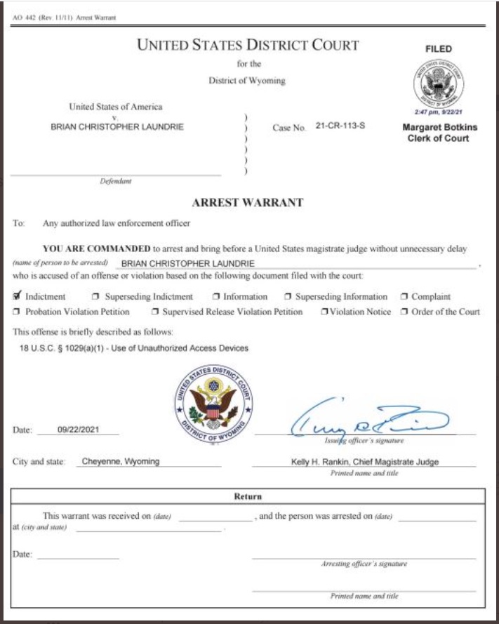 PHOTO Of Arrest Warrant For Brian Laundrie Shows He's Wanted For Use Of Unauthorized Access Devices And Not For Murder Of Gabby Petito