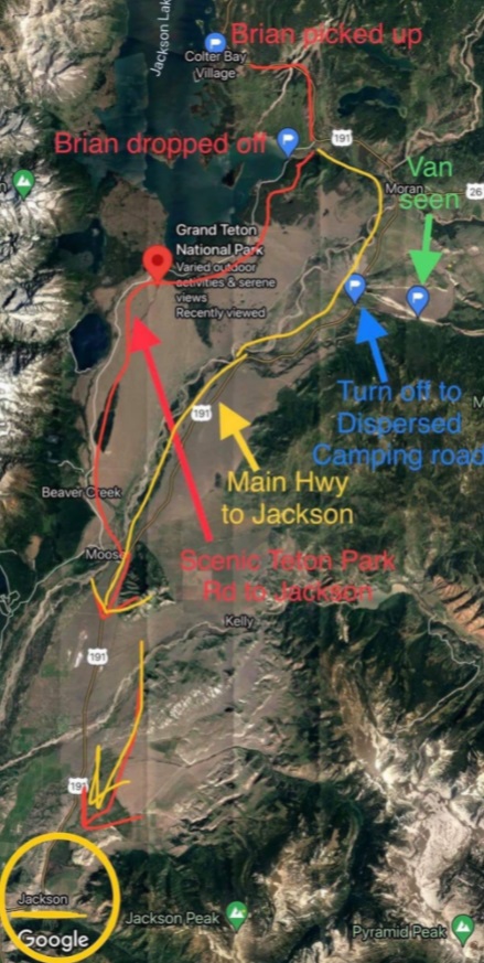 PHOTO Of Map Showing Where Brian Laundrie Left Van After He Murdered Gabby Where He Was Dropped Off And Picked Up At Grand Teton Park