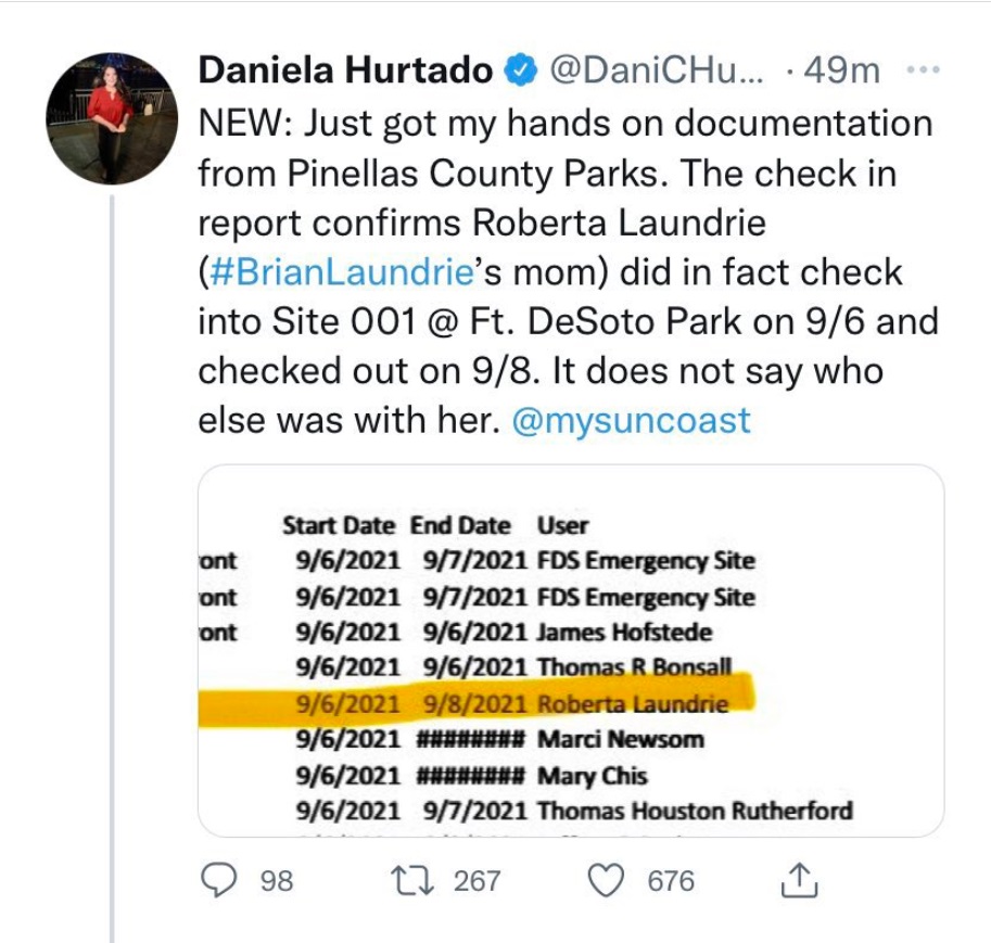 PHOTO Pinellas County Parks Confirms Brian Laundrie's Mom Check Into Site 001 At Fort DeSoto Park On September 6th
