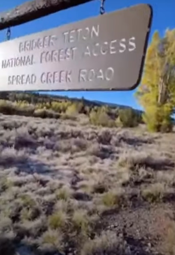 PHOTO Sign Says Bridger Teton National Forest Access Spread Creek Road Where Brian Laundrie Dug A Hole To Put Gabby Petito's Body In