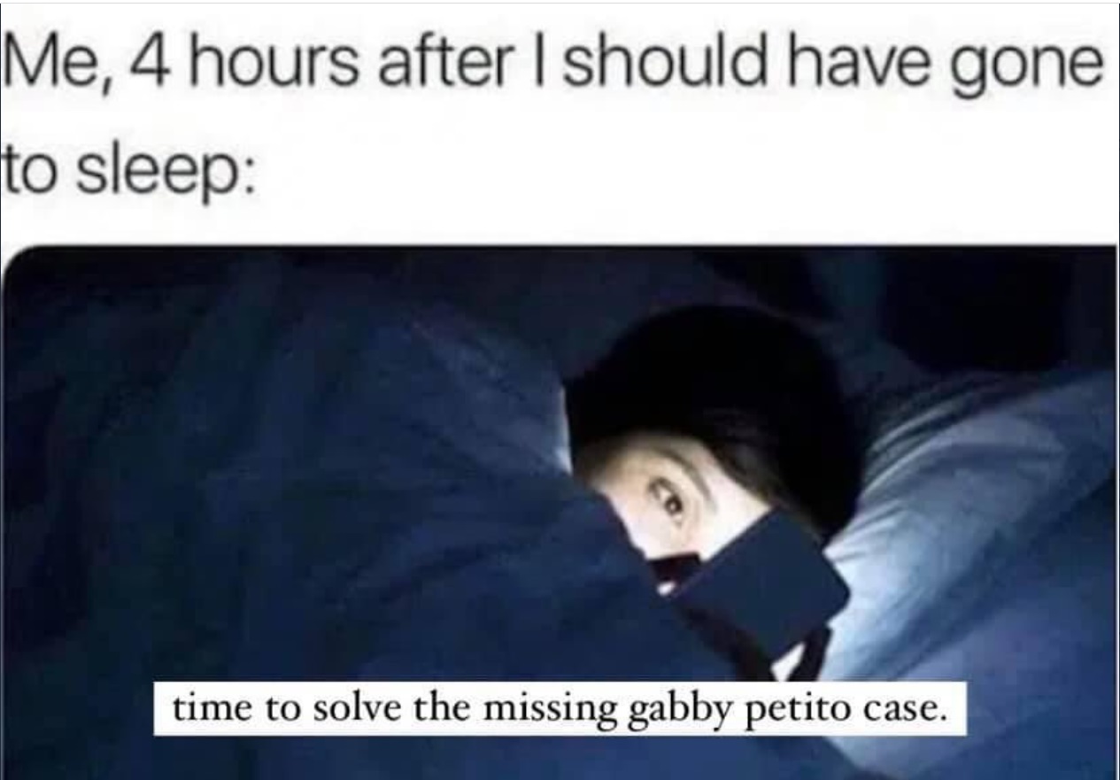 PHOTO Trying To Solve The Gabby Petito Case Instead Of Going To Sleep Meme