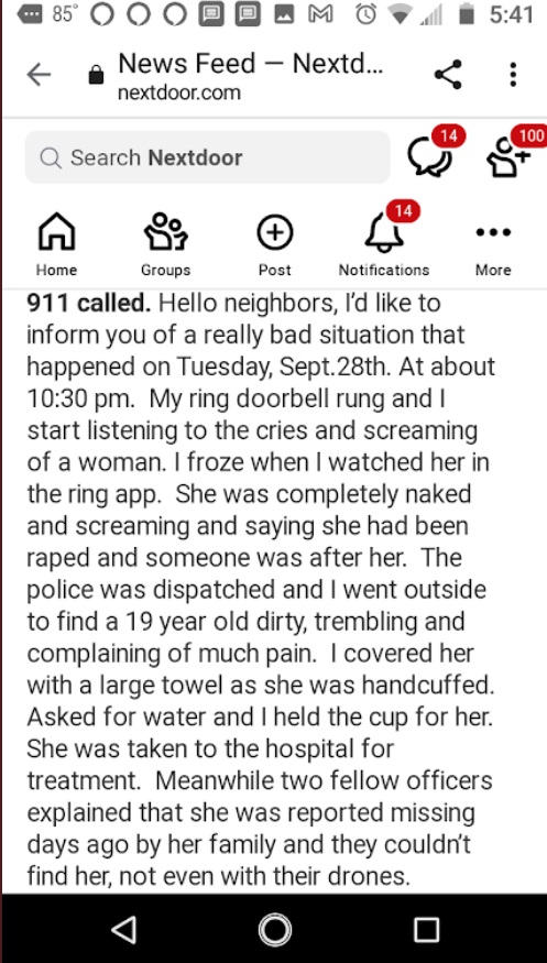 PHOTO User Living In Northport Florida Put On NextDoor That 19 Year Old Who Went Missing Showed Up At Her Door Crying