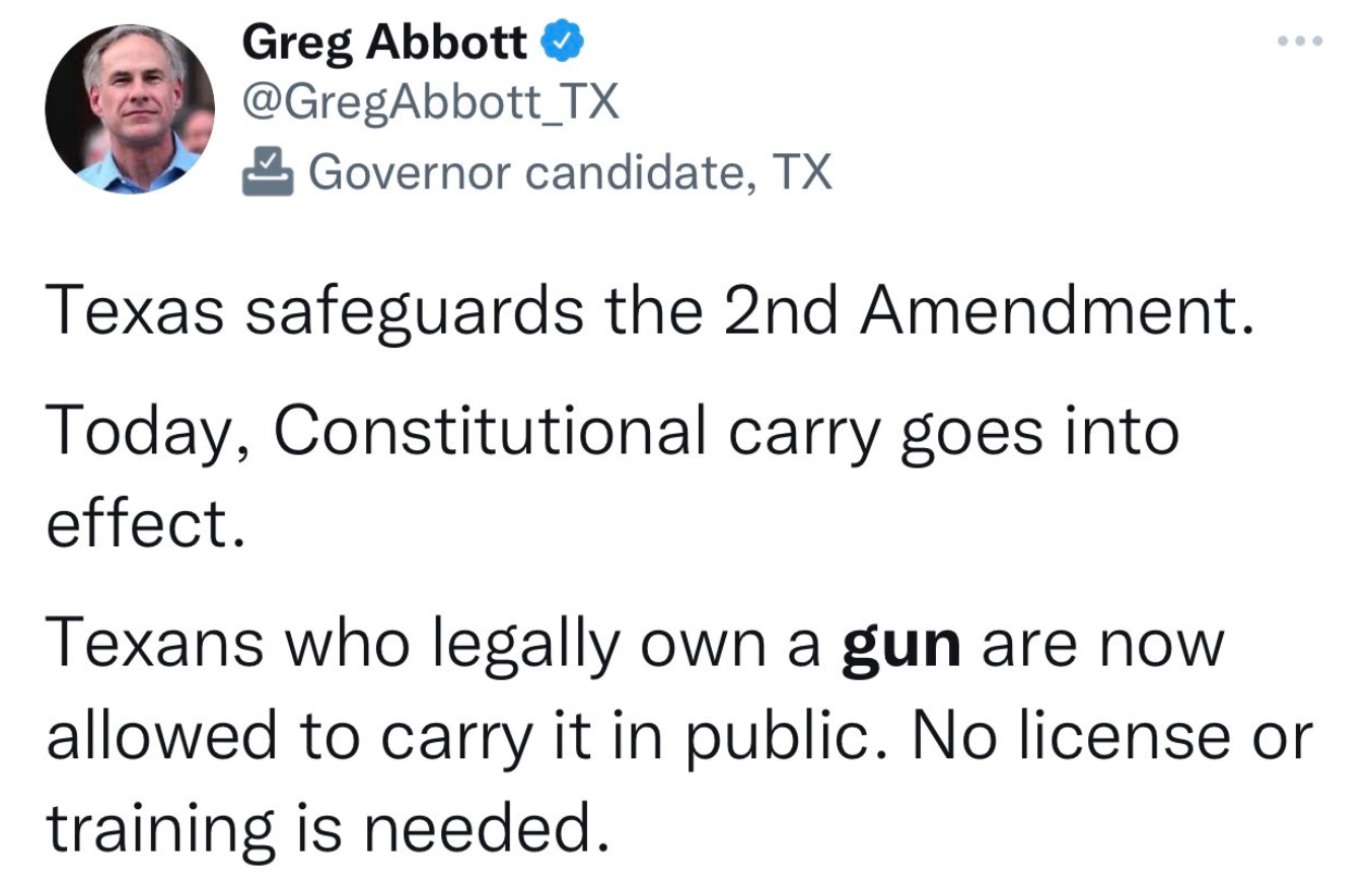 PHOTO Greg Abbott Last Year Bragging About How No License Or Training Is Needed To Carry A Gun