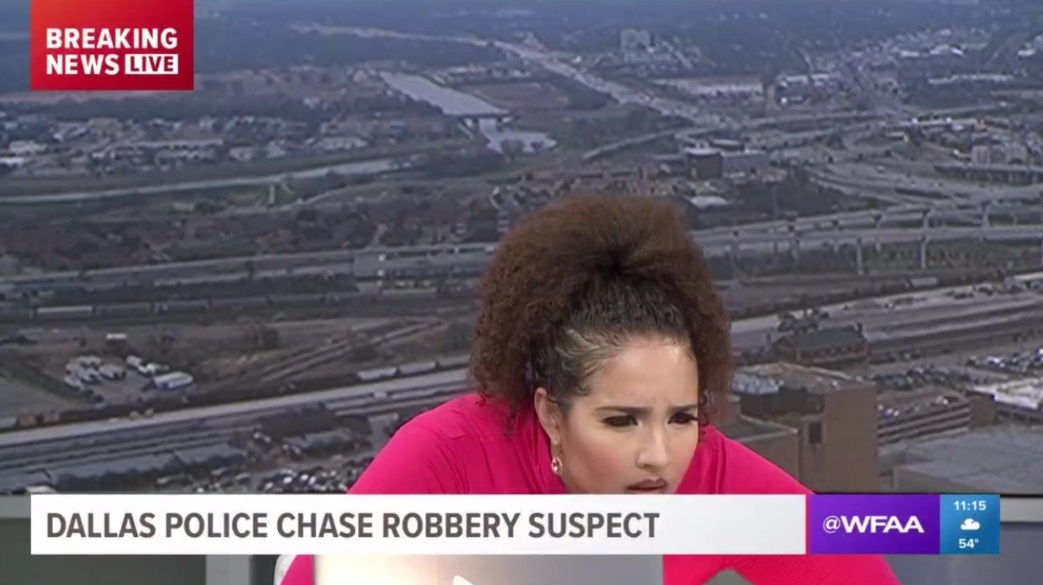 PHOTO Reporter On Dallas News Station Leans In To See If She Knows Pursuit Suspect