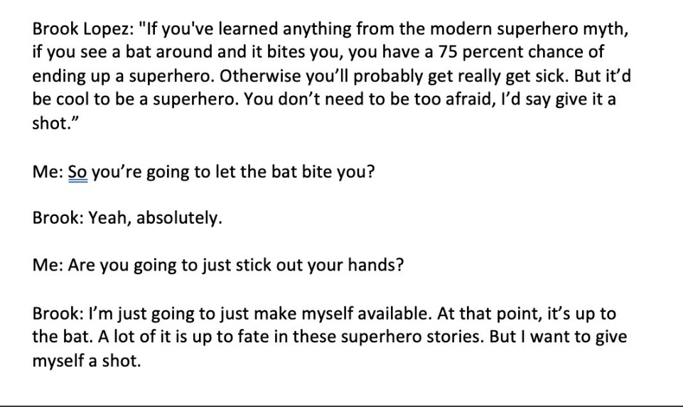 Brook Lopez Says He Wants To Get Bit By A Bat So He Can Become A Superhero