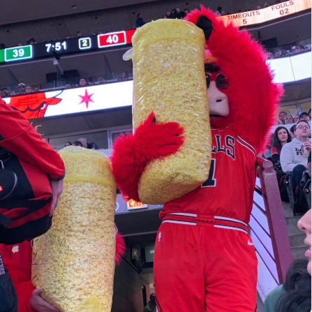 PHOTO Bulls Mascot Looks Terrifying Walking Around With Bag Of Popcorn Three Times The Size Of His Head