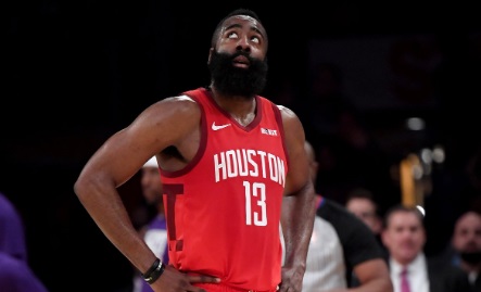 PHOTO James Harden Looks Up At Scoreboard In AWE That His Streak Was Going To An End