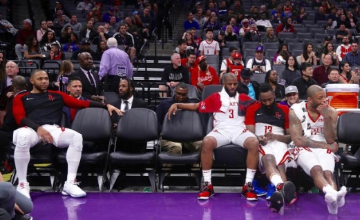 PHOTO James Harden Reacts To CP3 Shrugging Over Rockets Bench Being Empty Due To Trade By Looking Embarrassed