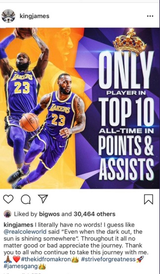 PHOTO Lebron Congraulates Himself For Being The Only Player All-Time In The Top 10 For Points And Assists