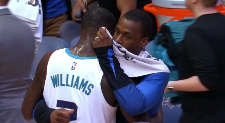 VIDEO Harrison Barnes Whispers In Marvin Williams Ear Can You Believe They Traded Me During The Game