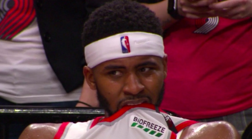 PHOTO Blazers Player Biting His Jersey Looking Sick After Witnessing Jusuf Nurkic Break His Leg