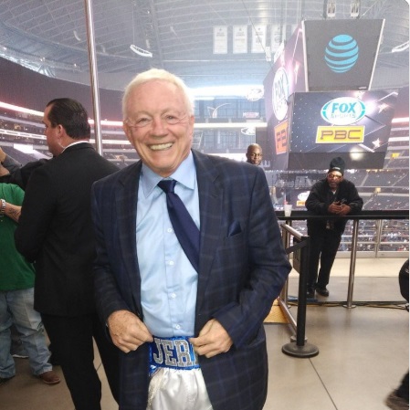 PHOTO Jerry Jones Wearing Professional Boxing Pants With His Name On It Over Suit Pants