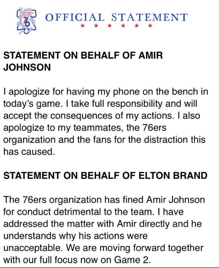 Amir Johnson Statement On Using Cell Phone On Bench