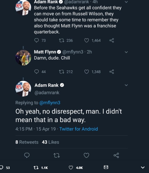 NFL Reporter Makes Fun Of Seahawks For Thinking Matt Flynn Was A Franchise QB Matt Flynn Sees Messages Tells Reporter To Chill Reporter Says No Disrespect Lol