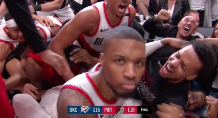 PHOTO Damian Lillard Mean Mugs TNT Camera While Getting Mobbed By Teammates