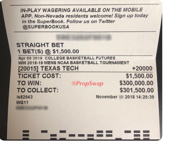 PHOTO Dude Bet 1500 On Texas Tech To Win National Title In November Will Net 300K With Win