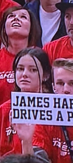 PHOTO Utah Jazz Fan Holding Sign That Says James Harden Drives A Prius