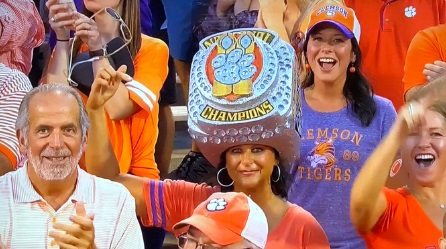 PHOTO Clemson Fan Wearing Giant Championship Ring On Her Head