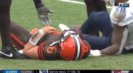 Baker Mayfield Laying On The Ground And He Didn't Want Help Up