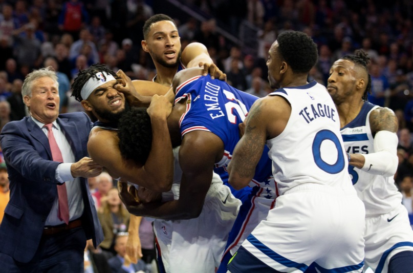 HD Still Shot Joel Embiid Pinching Karl Anthony Towns' Eye